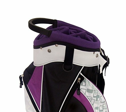 Purple and black golf bag with multiple compartments.