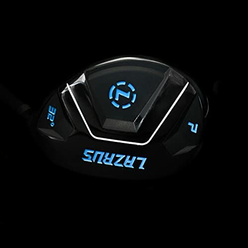 Lazarus branded golf club head in black with blue accents