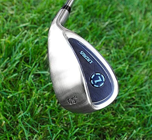 Close-up of a golf club head on grass.