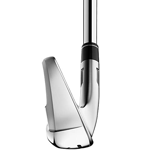 Side view of a golf club iron with a shiny metal finish.