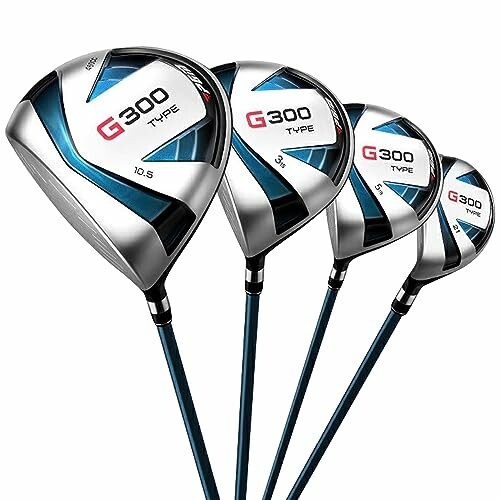 Set of G300 type golf clubs with blue and silver design.