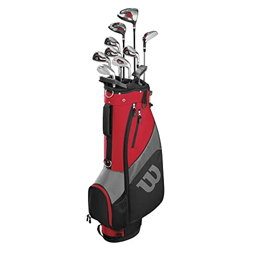 Set of golf clubs in a red and black bag.