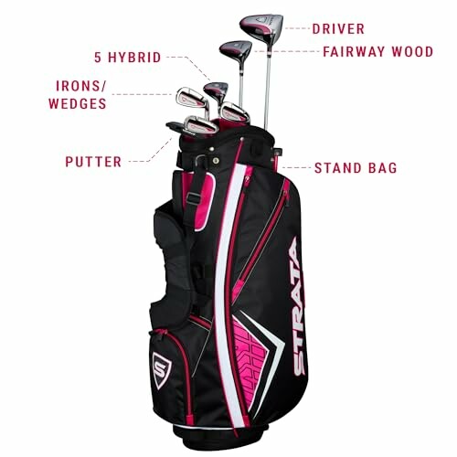 A golf club set with stand bag, including driver, fairway wood, 5 hybrid, irons/wedges, and putter.