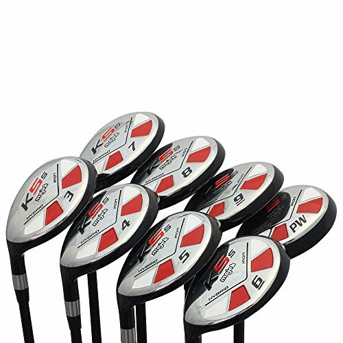 Set of golf clubs with red and silver design