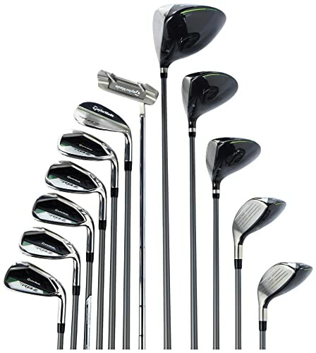 Set of golf clubs with various irons and woods