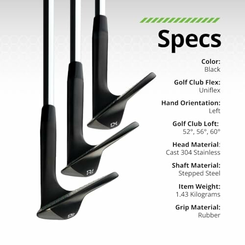 Three black golf clubs with specs listed on the right.