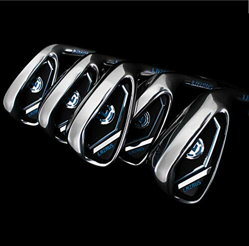 Set of sleek silver and black golf clubs on a black background