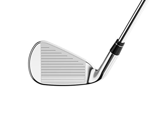 Close-up of a golf iron club head.