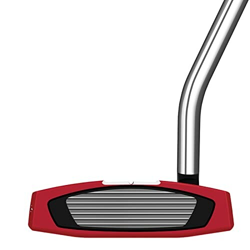 Close-up view of a red and silver golf putter head.