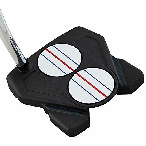 Close-up of a black golf putter club head with white circles and red and blue alignment lines.