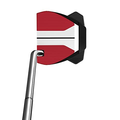 Golf putter club head with red and white design