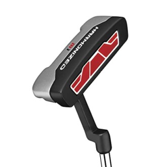 Black and red harmonized golf putter head.