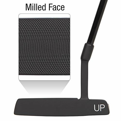 Close-up of a golf putter with a milled face.