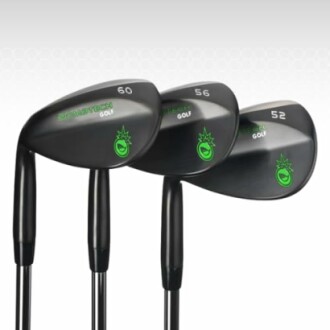 Set of three black golf wedges with green logos