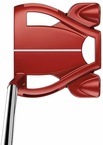 Red golf putter head with a sleek design.