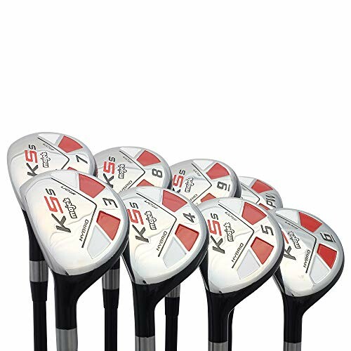 Set of hybrid golf clubs with red and silver design.